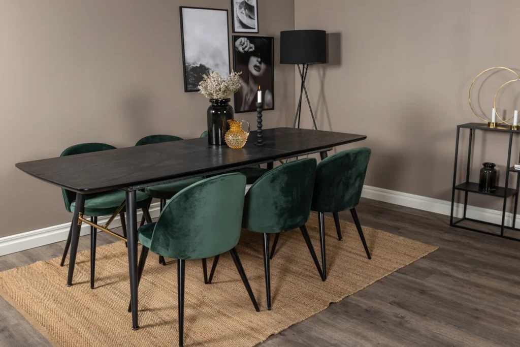 Gold & Velvet Rektangulära Matbord 180 x 85 Black + Matstolar Green
