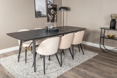 Gold & Velvet Rektangulära Matbord 180 x 85 Black + Matstolar Beige