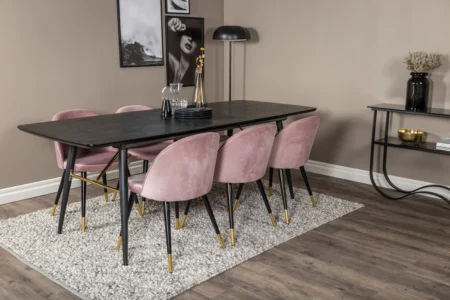 Gold & Velvet Rektangulära Matbord 180 x 85 Black + Matstolar Dammig rosa