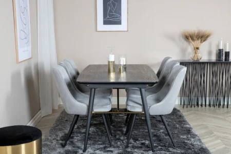 Gold & Velvet Deluxe Rektangulära Matbord 180 x 85 Black + Matstolar Light Grey
