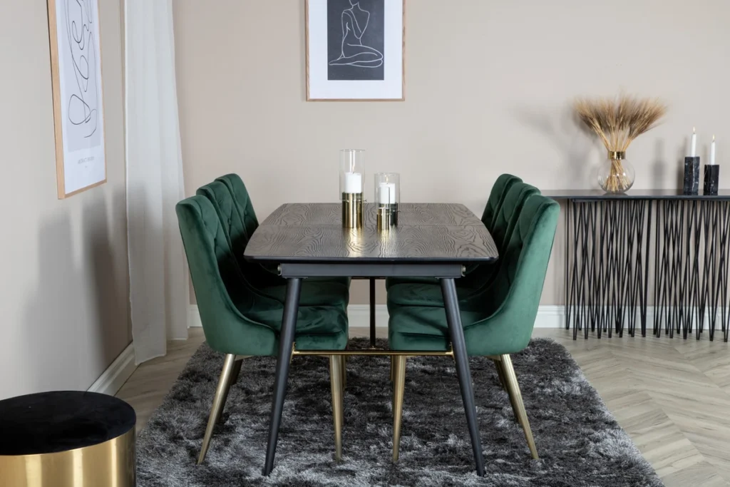 Gold & Velvet Deluxe Matbord 85x180 + Matstolar Grön