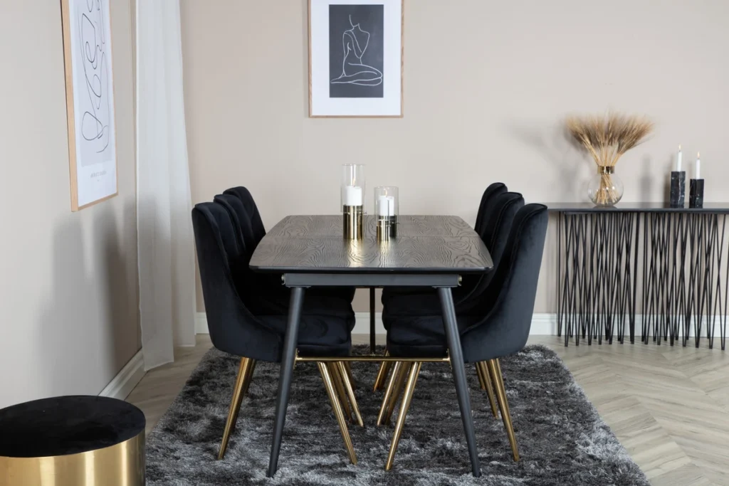 Gold & Velvet Deluxe Rektangulära Matbord 180 x 85 Black + Matstolar Black
