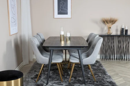 Gold & Velvet Deluxe Matbord 85x180 + Matstolar Grå