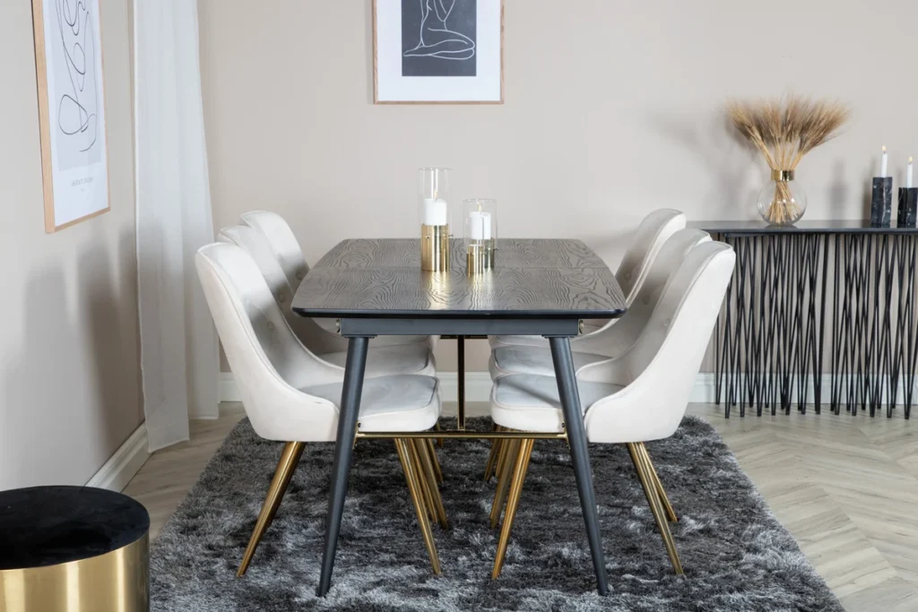 Gold & Velvet Deluxe Rektangulära Matbord 180 x 85 Black + Matstolar Beige