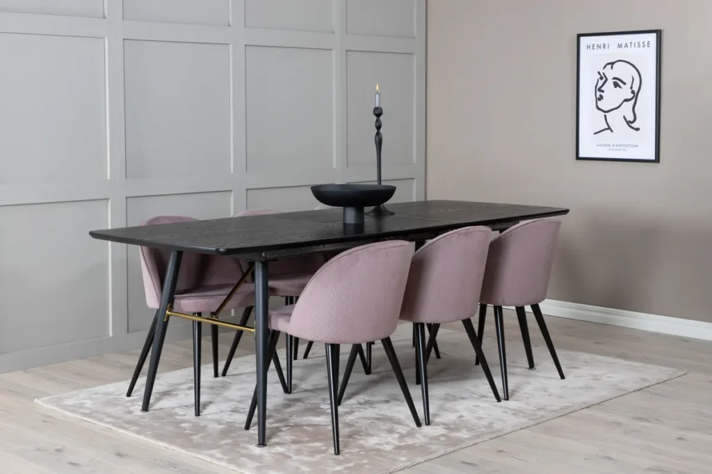 Gold & Velvet Rektangulära Matbord 180 x 85 Black + Matstolar Dammig rosa