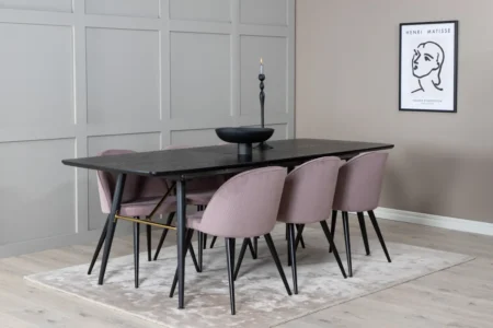 Gold & Velvet Rektangulära Matbord 180 x 85 Black + Matstolar Dammig rosa