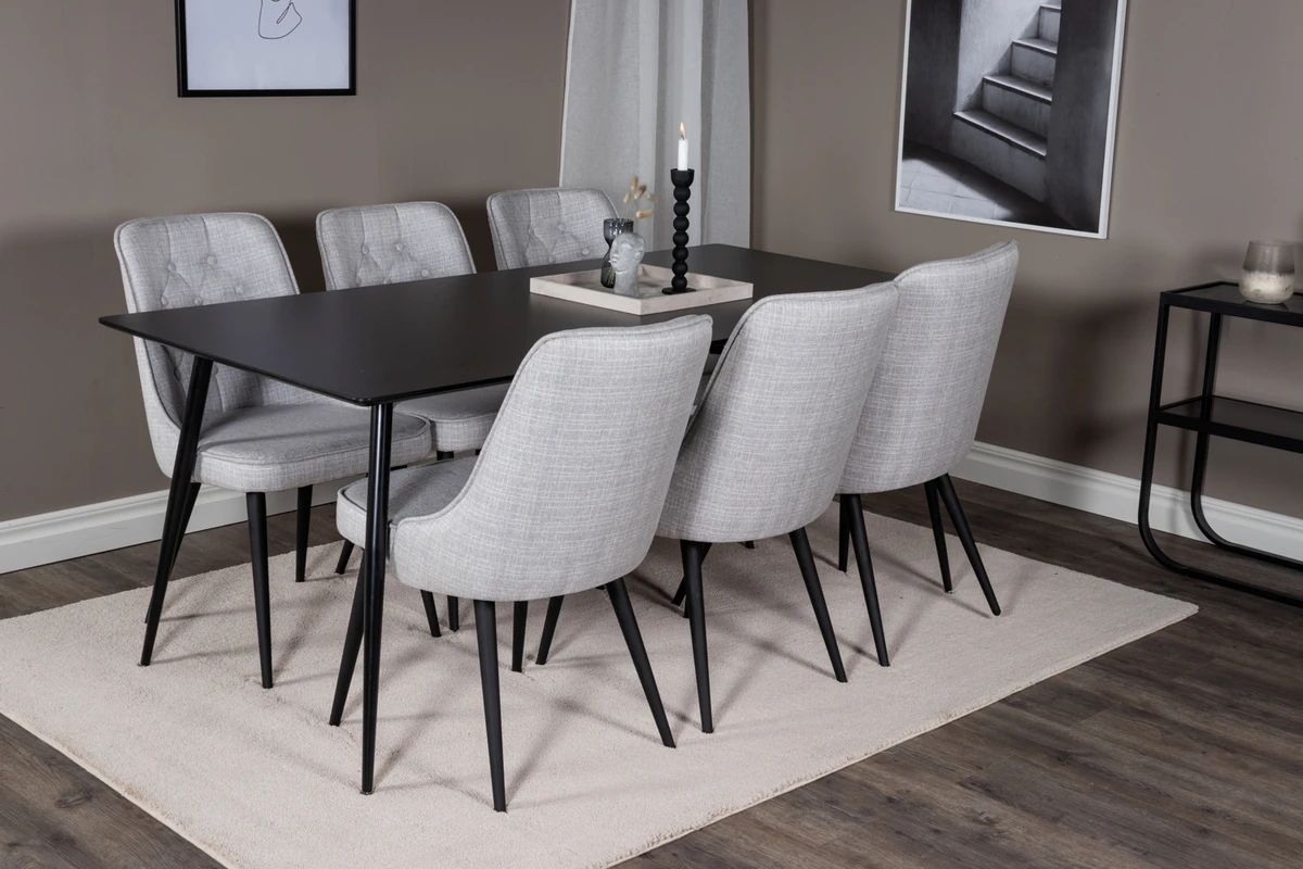 Silar & Velvet Deluxe Rektangulära Matbord 180 x 75 x 90 Svart + Matstolar Grå