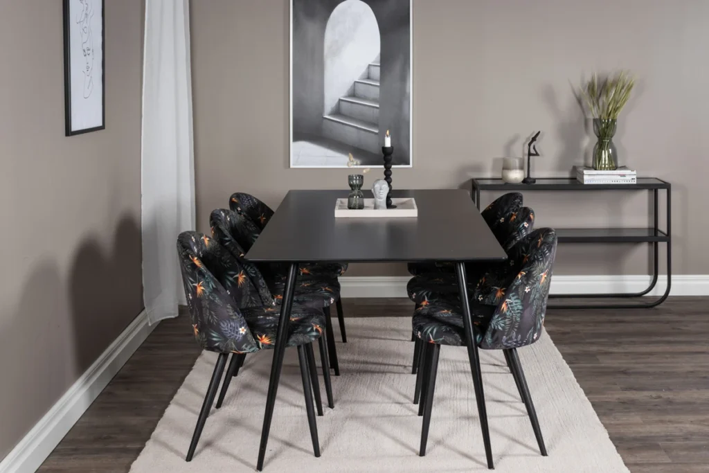 Silar & Velvet Rektangulära Matbord 180 x 75 x 90 Svart + Matstolar Svart