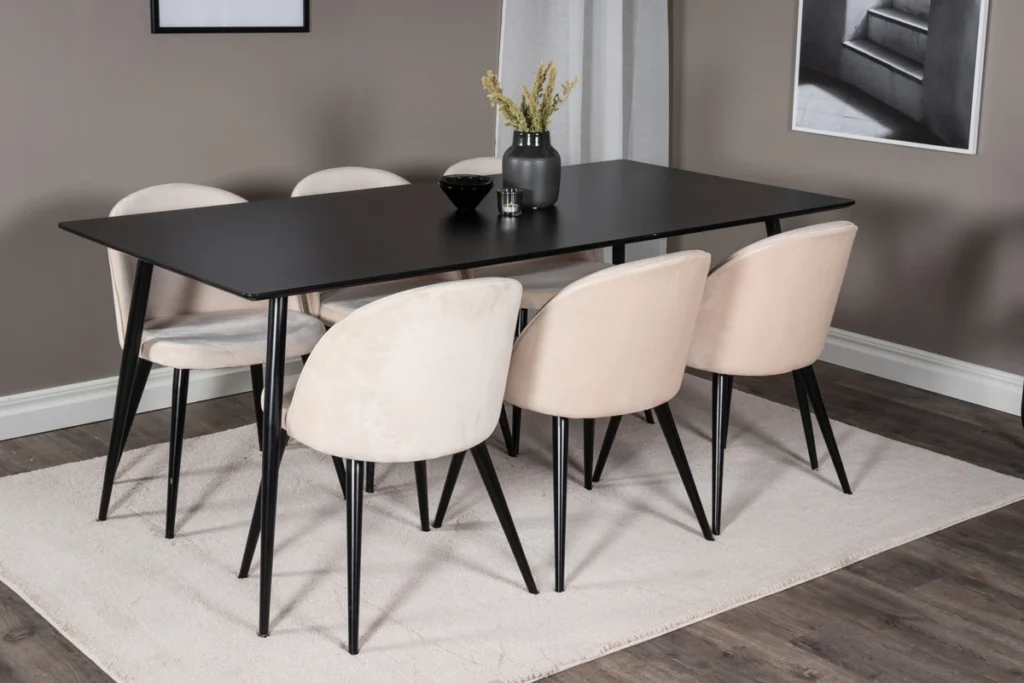 Silar & Velvet Rektangulära Matbord 180 x 75 x 90 Svart + Matstolar Beige