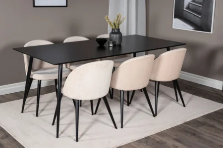 Silar & Velvet Rektangulära Matbord 180 x 75 x 90 Svart + Matstolar Beige