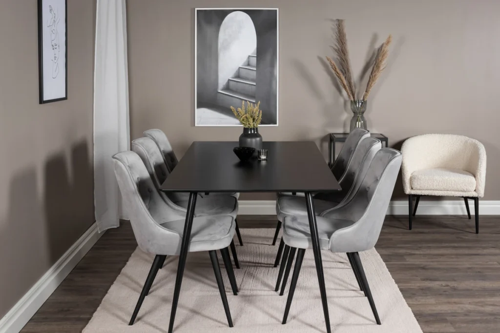 Silar & Velvet Deluxe Rektangulära Matbord 180 x 75 x 90 Svart + Matstolar Ljusgrå