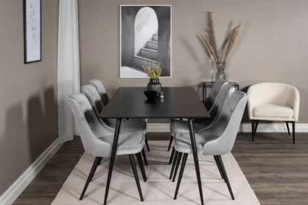 Silar & Velvet Deluxe Rektangulära Matbord 180 x 75 x 90 Svart + Matstolar Ljusgrå