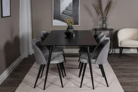 Silar & Velvet Rektangulära Matbord 180 x 75 x 90 Svart + Matstolar Grå