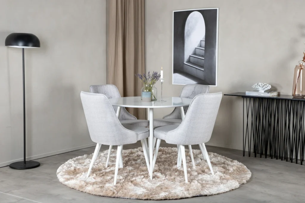 Plaza & Velvet Deluxe Runda Matbord ⌀100 White + Matstolar Light Grey