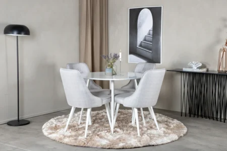 Plaza & Velvet Deluxe Runda Matbord ⌀100 White + Matstolar Light Grey