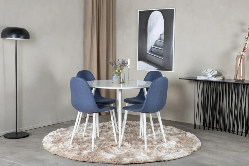 Plaza & Polar Runda Matbord ⌀100 White + Matstolar Blue