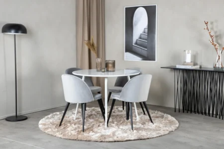 Plaza & Velvet Runda Matbord ⌀100 White + Matstolar Grå