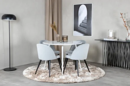 Plaza & Velvet Runda Matbord ⌀100 White + Matstolar Light Grey