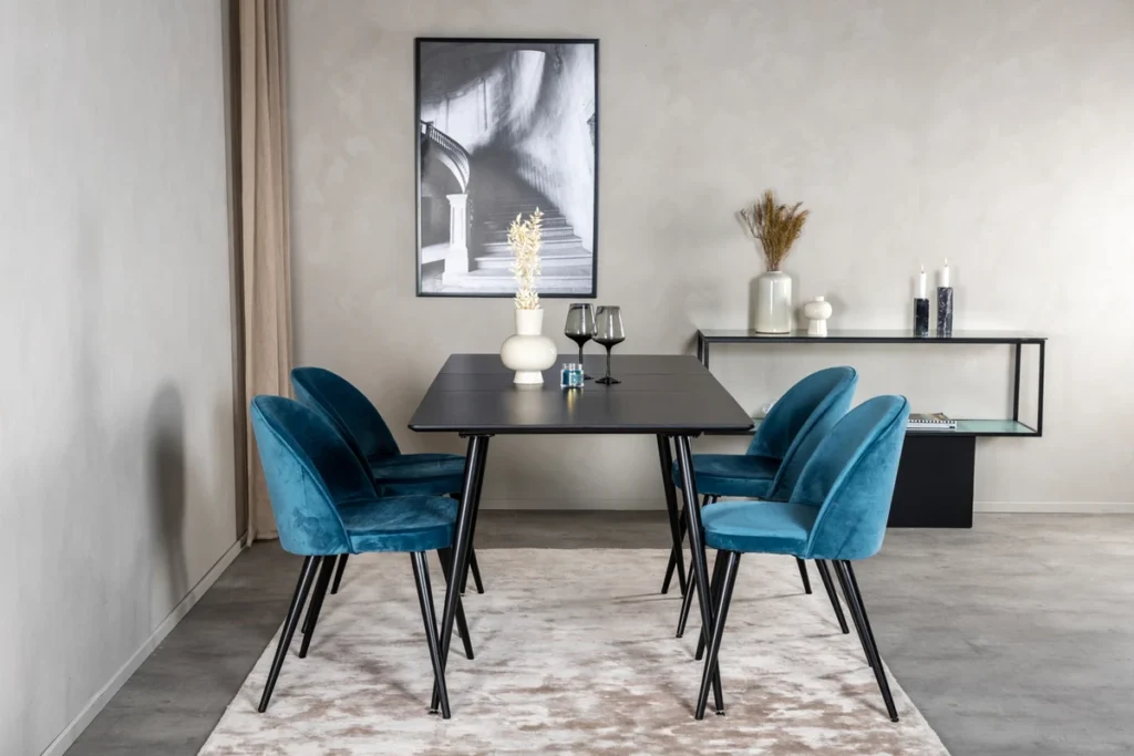 Silar & Velvet Rektangulära Matbord 75 x 120 x 80 Svart + Matstolar Blå