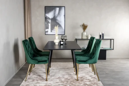 Silar & Velvet Deluxe Rektangulära Matbord 75 x 120 x 80 Svart + Matstolar Grön