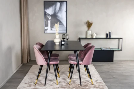 Silar & Velvet Rektangulära Matbord 120 x 80 Svart + Matstolar Gammelrosa