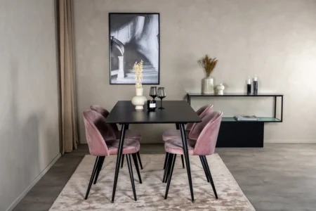 Silar & Velvet Rektangulära Matbord 120 x 80 Svart + Matstolar Gammelrosa