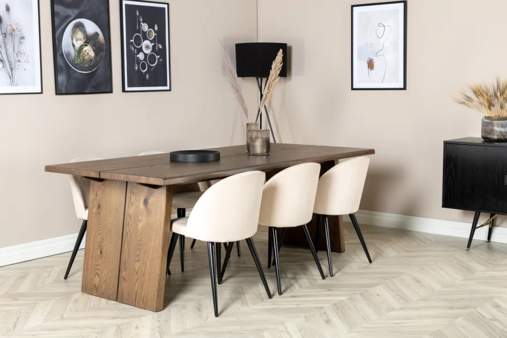 Logger & Velvet Rektangulära Matbord 210 x 100 Natur + Matstolar Beige