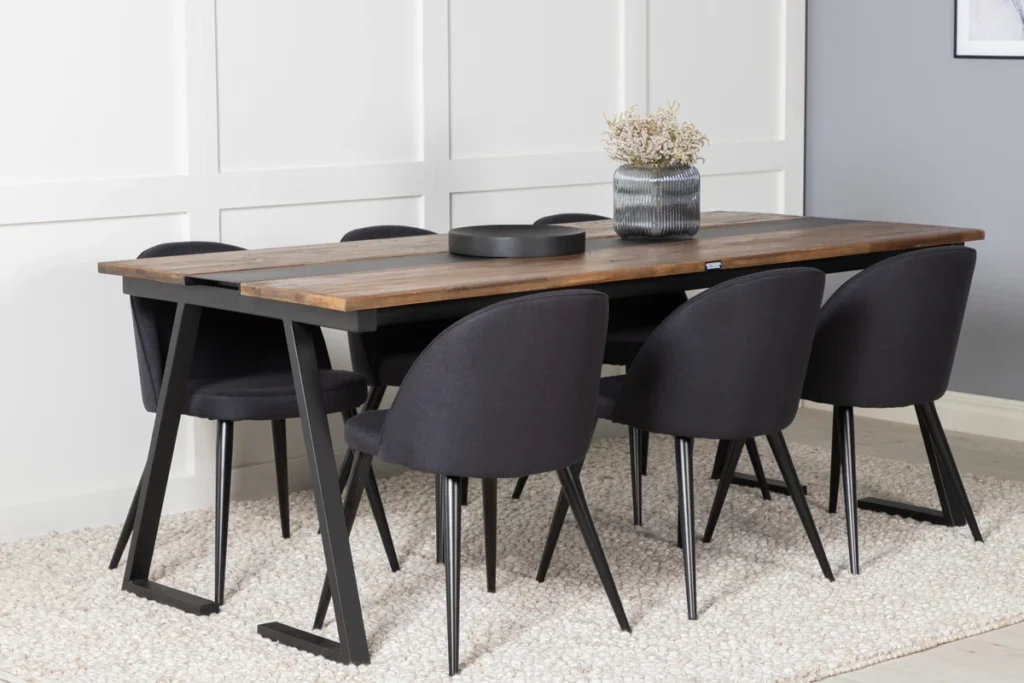 Jakarta & Velvet Rektangulära Matbord 200 x 90 Svart + Matstolar Svart