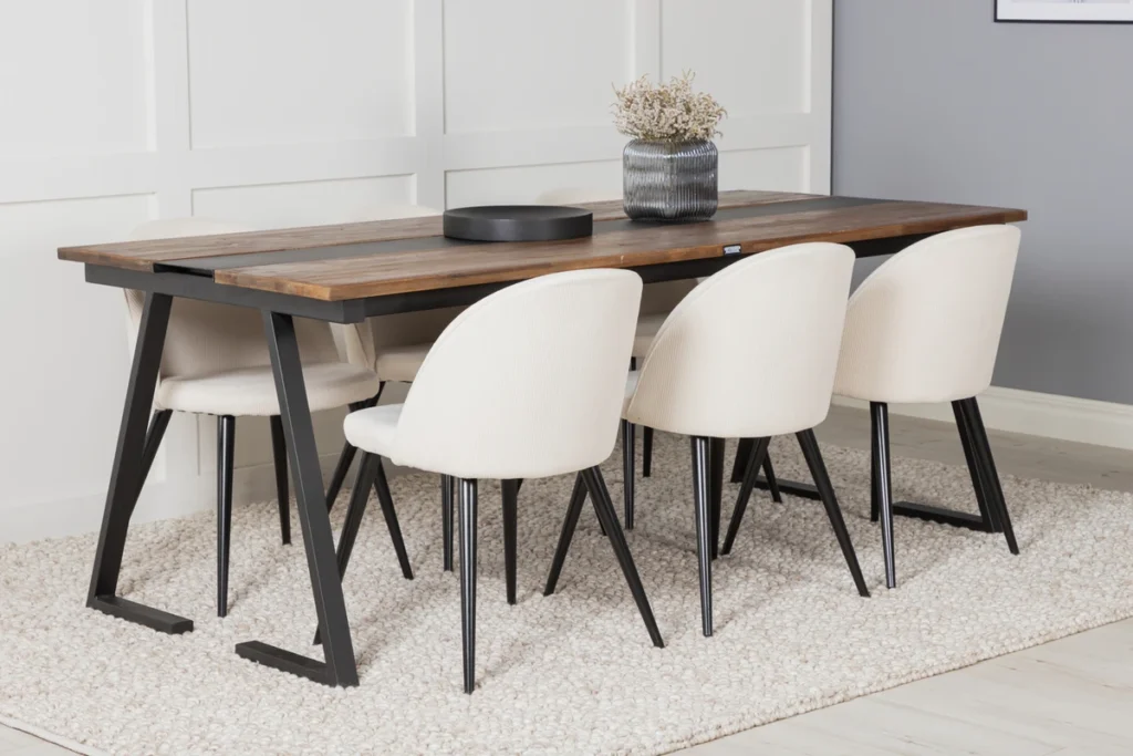 Jakarta & Velvet Rektangulära Matbord 200 x 90 Svart + Matstolar Grädde