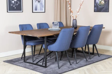 Padang & Velvet Deluxe Rektangulära Matbord 250 x 100 Nature + Matstolar Blue