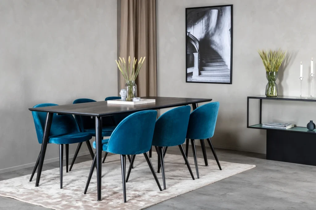 Dipp & Velvet Rektangulära Matbord 180 x 90 Black + Matstolar Blue