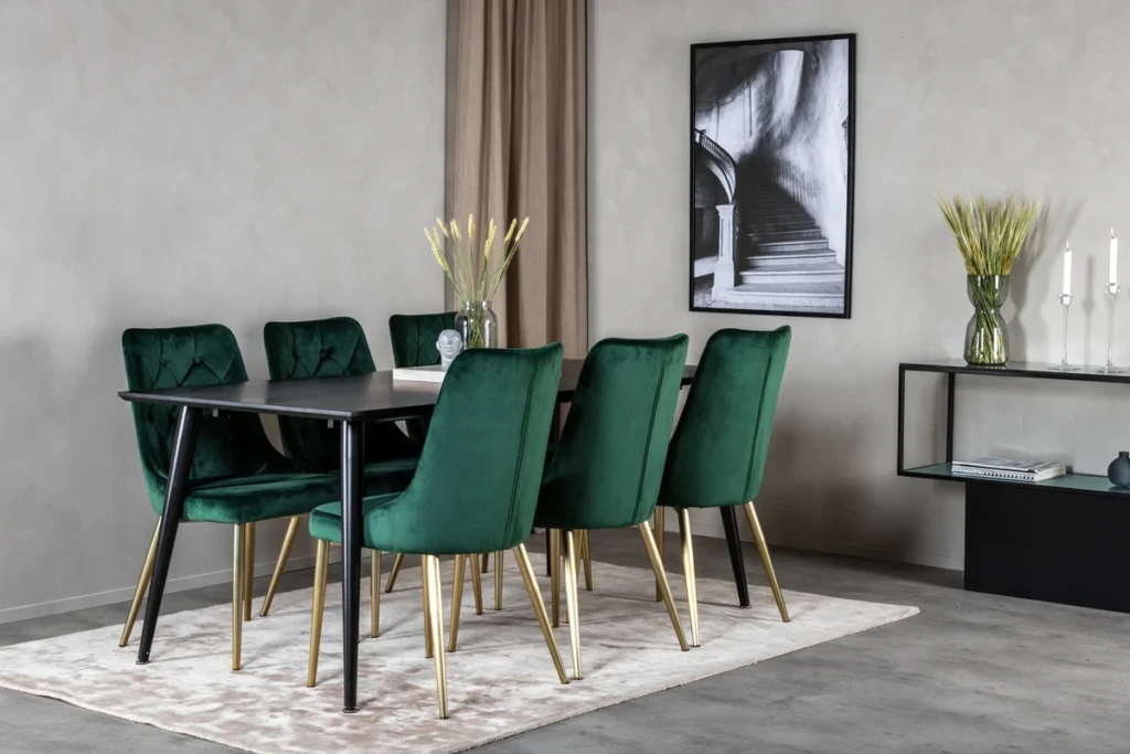 Dipp & Velvet Deluxe Rektangulära Matbord 180 x 90 Black + Matstolar Green