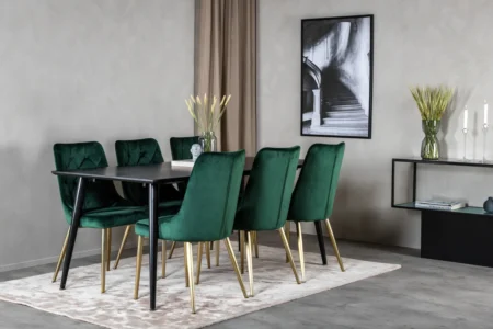 Dipp & Velvet Deluxe Rektangulära Matbord 180 x 90 Black + Matstolar Green