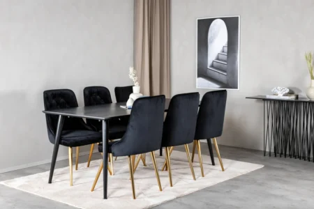 Dipp & Velvet Deluxe Rektangulära Matbord 180 x 90 Black + Matstolar Black