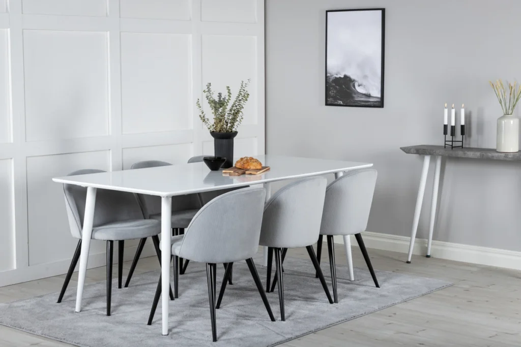 Polar & Velvet Rektangulära Matbord 180 x 90 White + Matstolar Light Grey