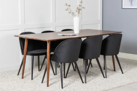 Polar & Velvet Rektangulära Matbord 180 x 90 Walnut + Matstolar Black