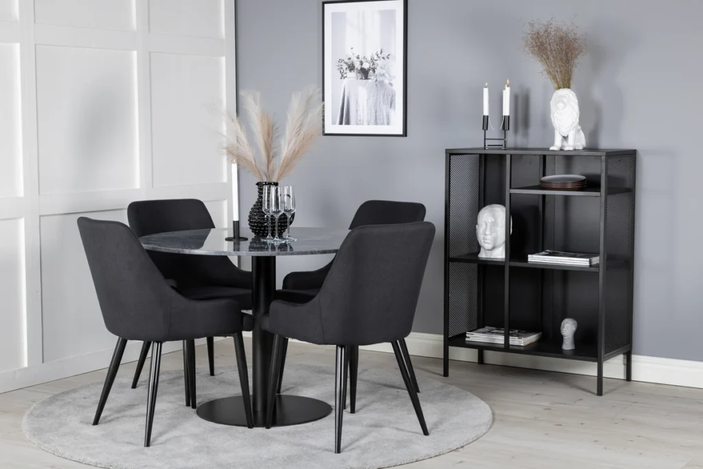 Plaza & Estelle Matstolar Black + Runda Matbord ⌀106 Dark Grey