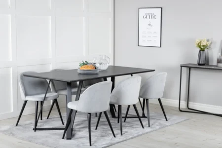 Marina & Velvet Rektangulära Matbord 180 x 90 Black + Matstolar Light Grey