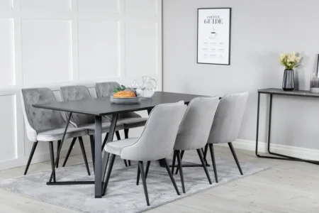 Marina & Velvet Deluxe Rektangulära Matbord 180 x 90 Black + Matstolar Light Grey