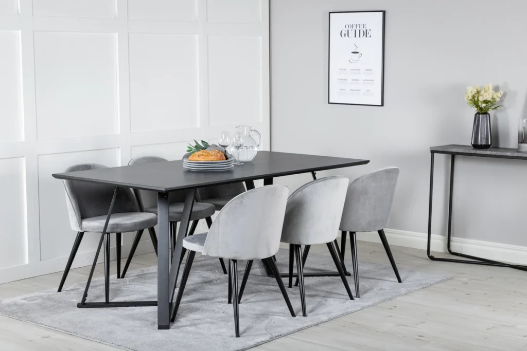 Velvet & Marina Matstolar Grå + Rektangulära Matbord 180 x 90 Black