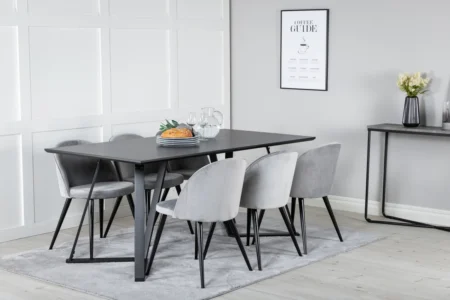 Velvet & Marina Matstolar Grå + Rektangulära Matbord 180 x 90 Black