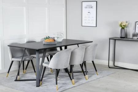 Marina & Velvet Rektangulära Matbord 180 x 90 Black + Matstolar Grå