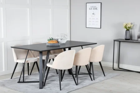Velvet & Marina Matstolar Beige + Rektangulära Matbord 180 x 90 Black