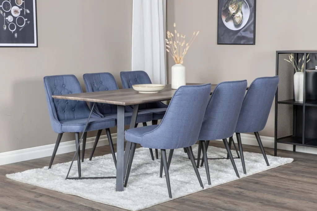 Marina & Velvet Deluxe Rektangulära Matbord 180 x 90 Nature + Matstolar Blue