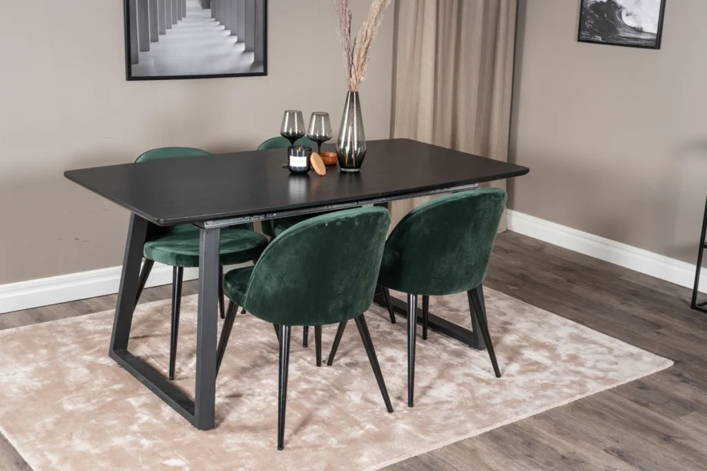Velvet & Inca Matstolar Green + Rektangulära Matbord 160 x 85 Black