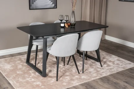 Inca & Velvet Rektangulära Matbord 160 x 85 Black + Matstolar Light Grey