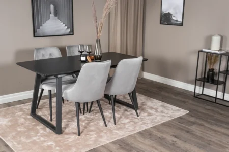 Inca & Velvet Deluxe Rektangulära Matbord 160 x 85 Black + Matstolar Light Grey
