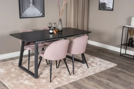 Inca & Velvet Rektangulära Matbord 160 x 85 Black + Matstolar Dammig rosa