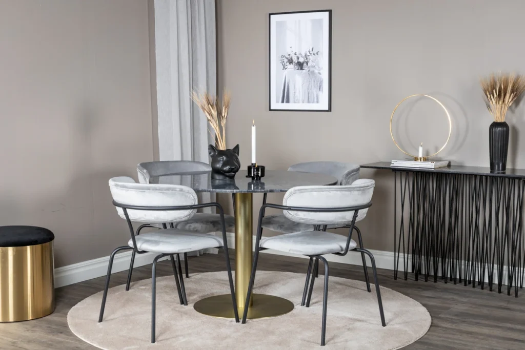 Arrow & Estelle Matstolar Grå + Runda Matbord ⌀106 Dark Grey