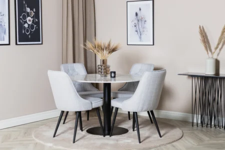 Estelle & Velvet Deluxe Runda Matbord ⌀106 White + Matstolar Grå